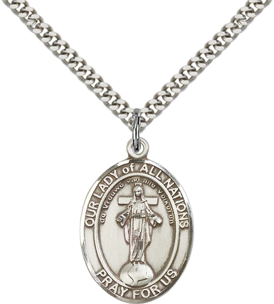 Sterling Silver O/L of All Nations Pendant with 24 Inch Light Rhodium Heavy Curb Chain