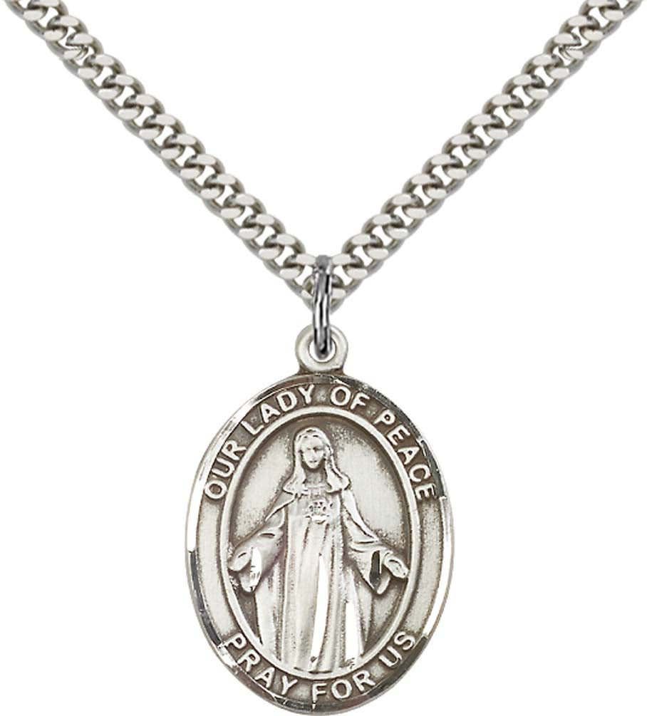 Sterling Silver O/L of Peace Pendant with 24 Inch Light Rhodium Heavy Curb Chain
