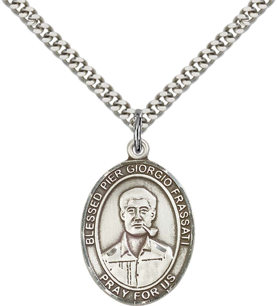Sterling Silver Blessed Pier Giorgio Frassati Pend with 24 Inch Light Rhodium Heavy Curb Chain