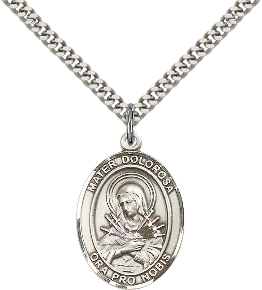 Sterling Silver Mater Dolorosa Pendant with 24 Inch Light Rhodium Heavy Curb Chain