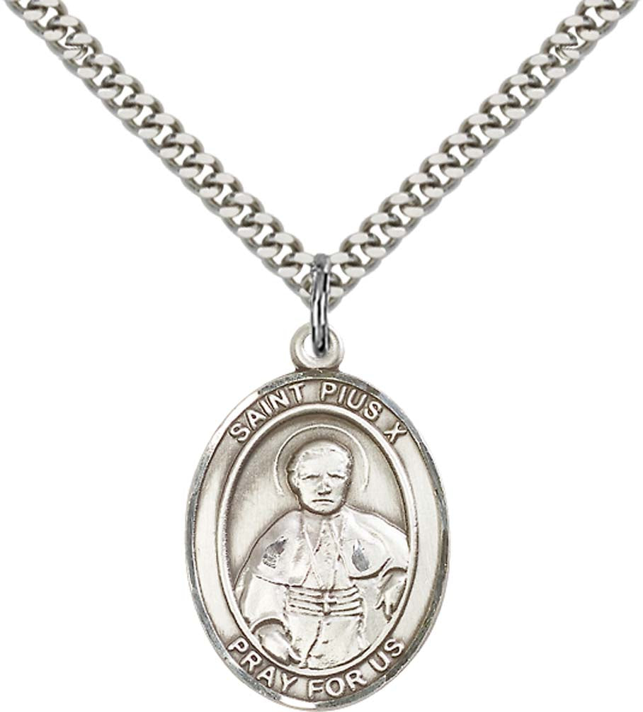 Sterling Silver St. Pius X Pendant with 24 Inch Light Rhodium Heavy Curb Chain
