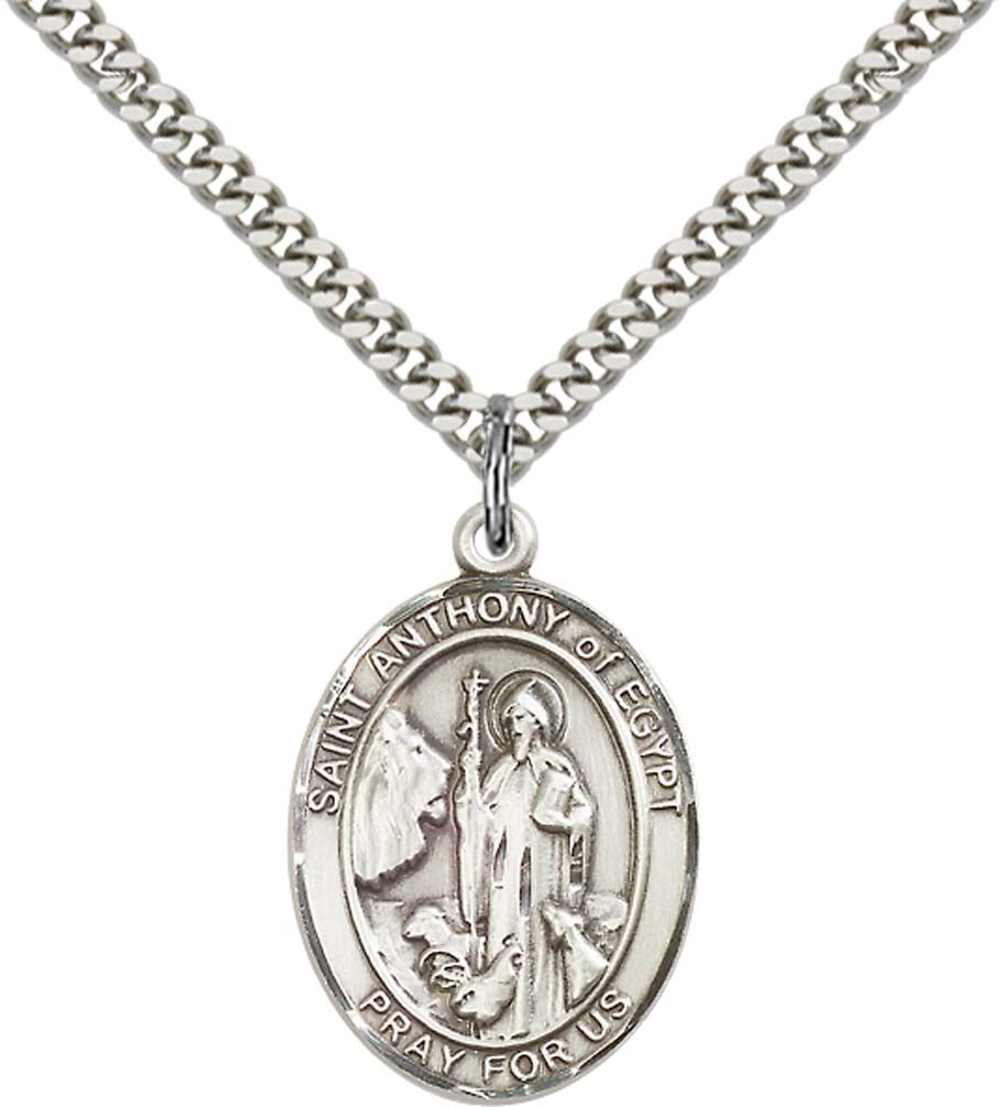 Sterling Silver St. Anthony of Egypt Pendant with 24 Inch Light Rhodium Heavy Curb Chain