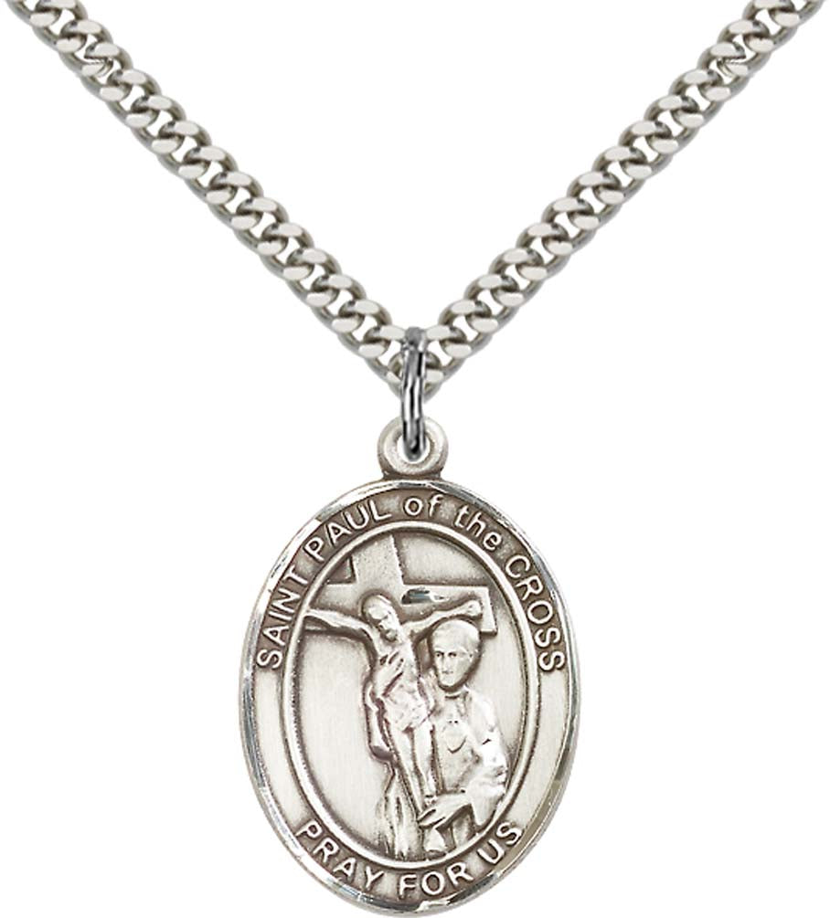 Sterling Silver St. Paul of the Cross Pendant with 24 Inch Light Rhodium Heavy Curb Chain