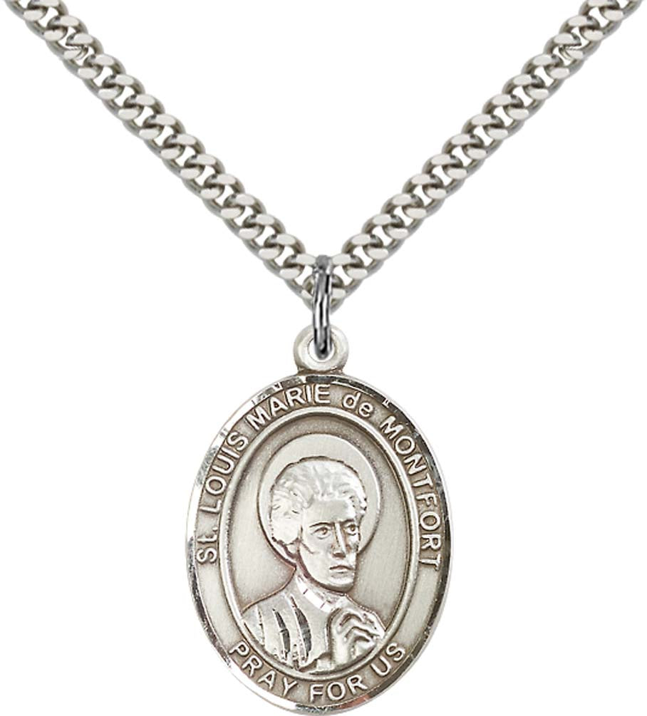 Sterling Silver St. Louis Marie de Montfort Pendan with 24 Inch Light Rhodium Heavy Curb Chain
