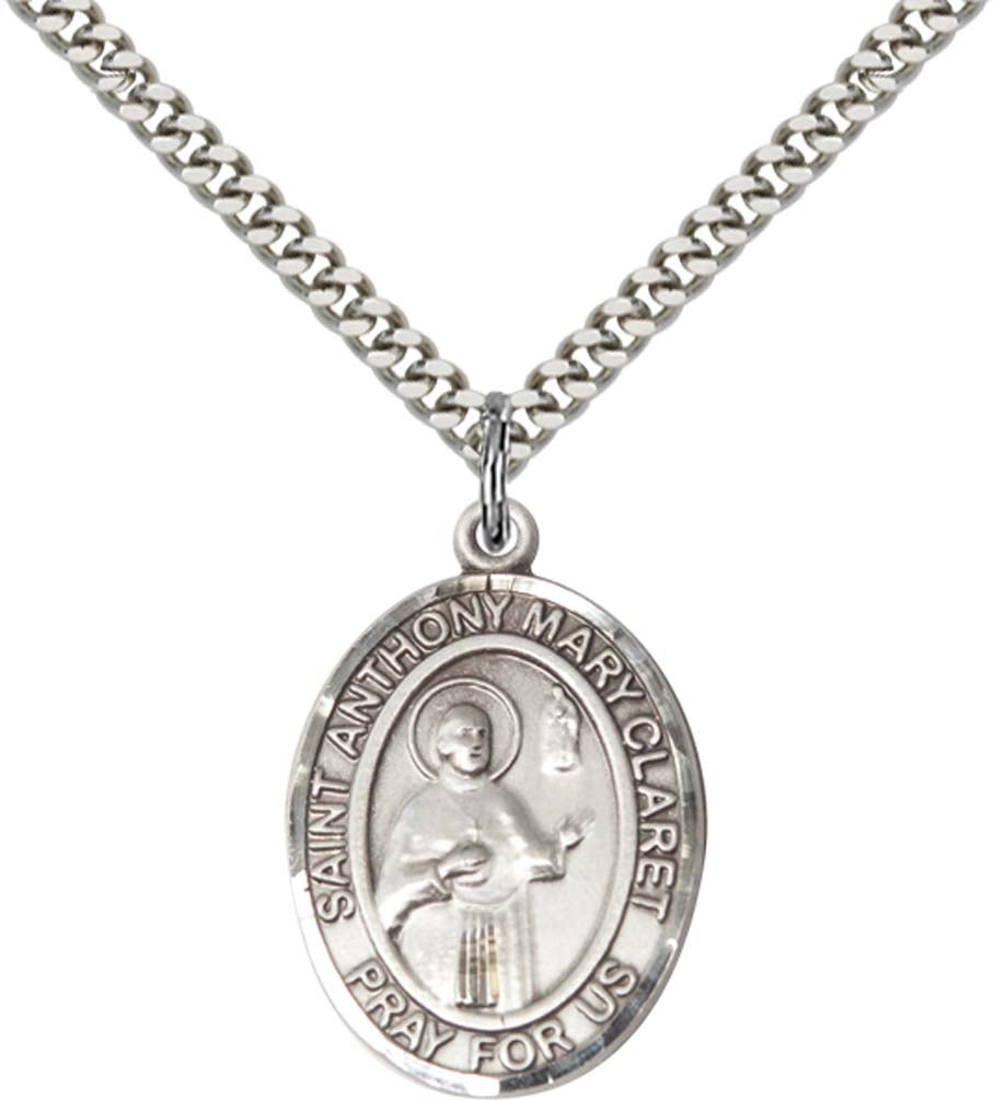 Sterling Silver St. Anthony Mary Claret Pendant with 24 Inch Light Rhodium Heavy Curb Chain