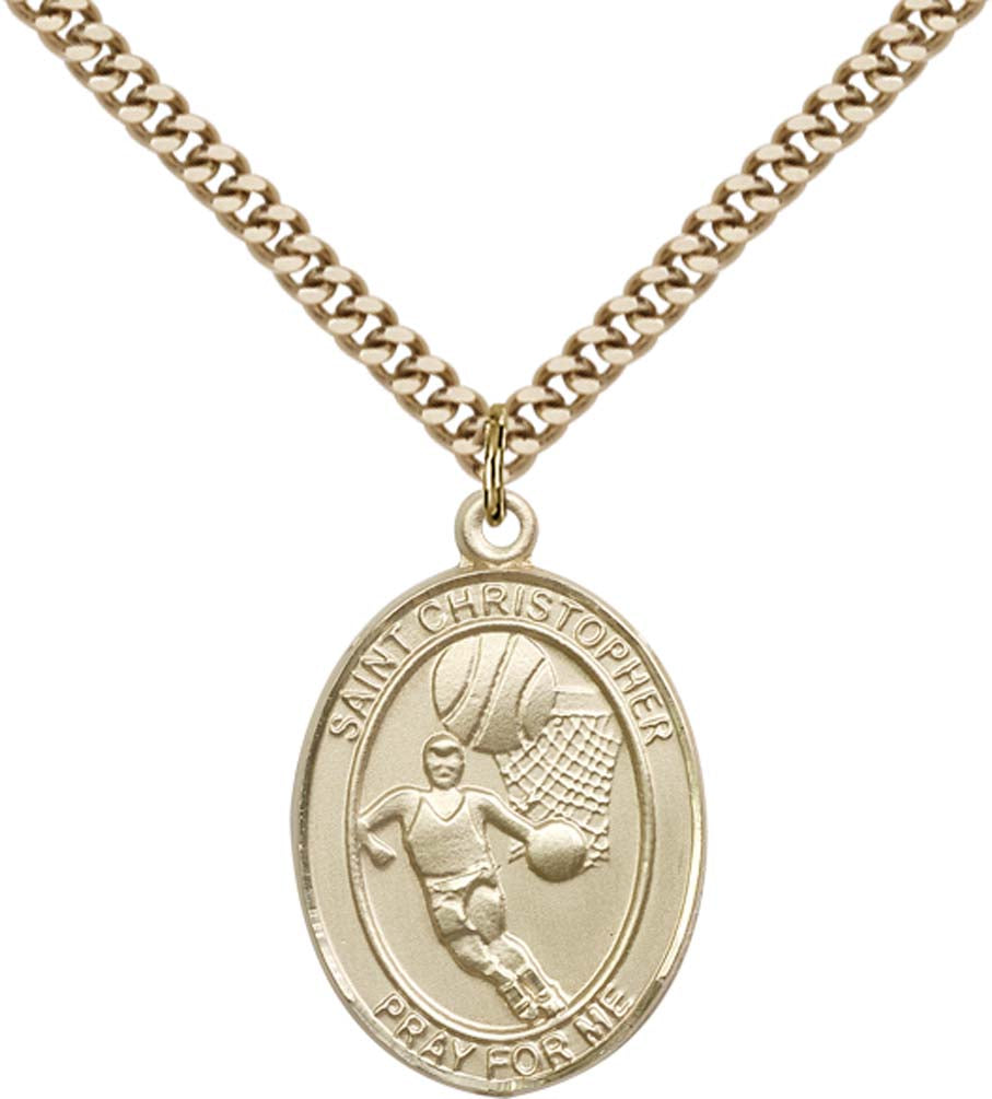 14kt Gold Filled St. Christopher/Basketball Pendant with 24 inch Gold Plate Heavy Curb Chain