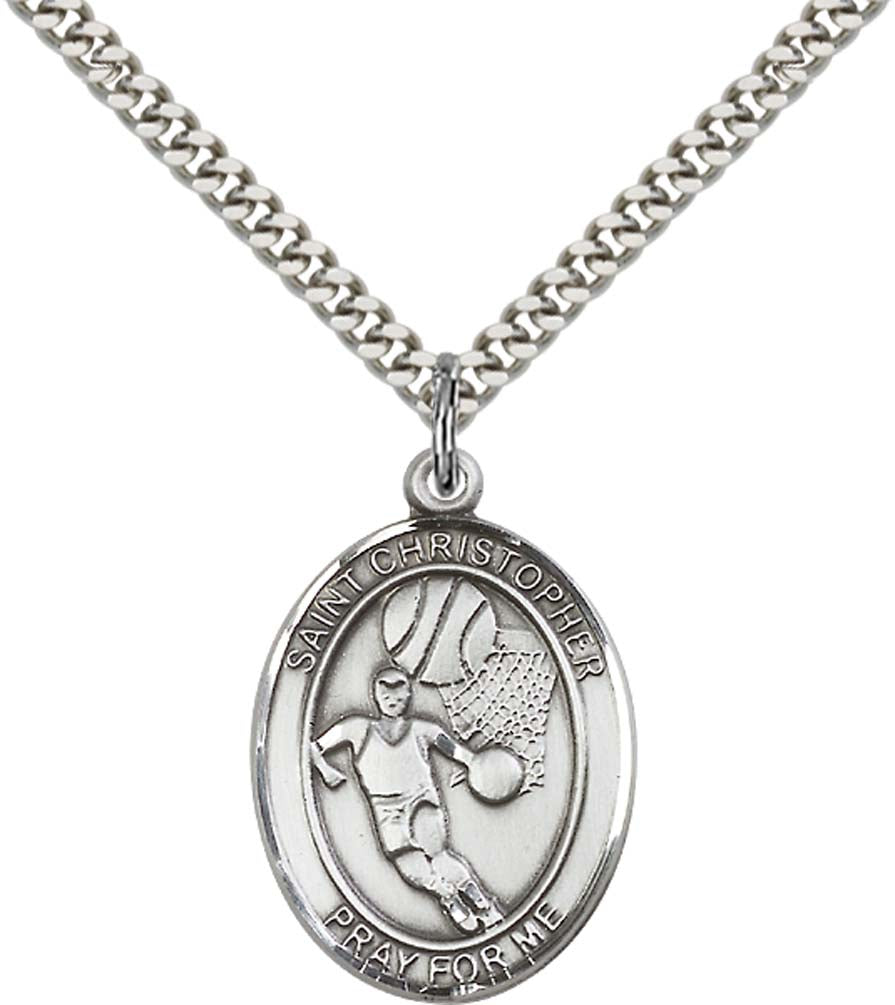 Sterling Silver St. Christopher Pendant with 24 Inch Light Rhodium Heavy Curb Chain - Large Basketball 502-1
