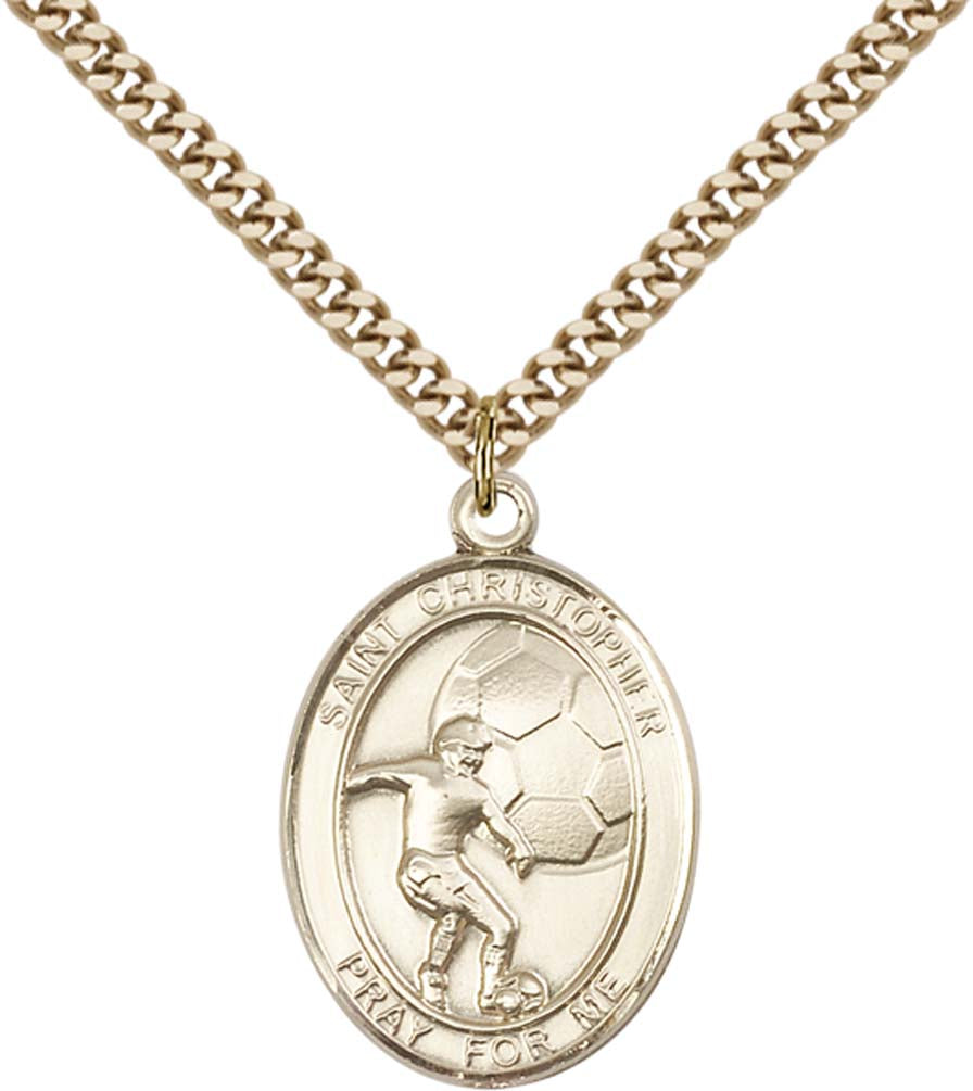 14kt Gold Filled St. Christopher/Soccer Pendant with 24 inch Gold Plate Heavy Curb Chain