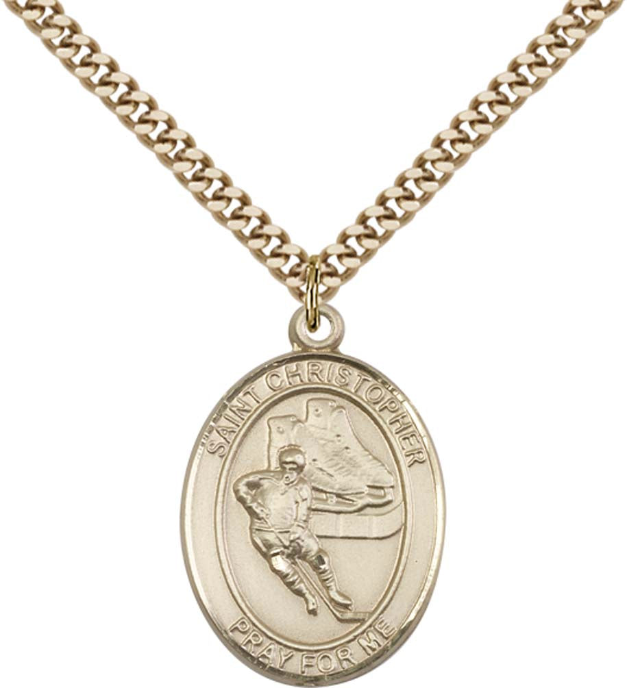 14kt Gold Filled St. Christopher/Hockey Pendant with 24 inch Gold Plate Heavy Curb Chain