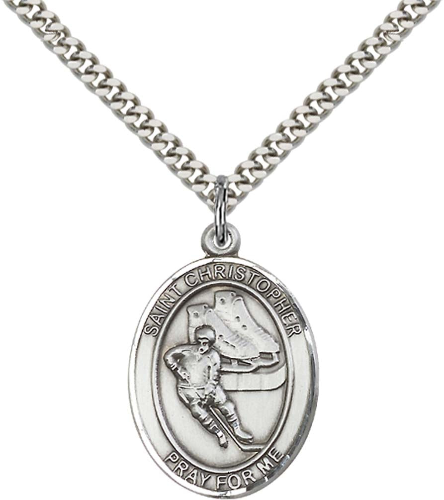 Sterling Silver St. Christopher/Hockey Pendant with 24 Inch Light Rhodium Heavy Curb Chain