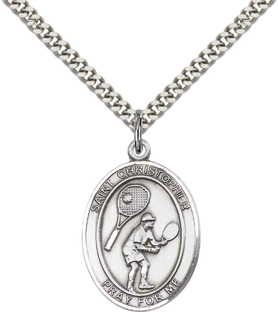 Sterling Silver St. Christopher/Tennis Pendant with 24 Inch Light Rhodium Heavy Curb Chain