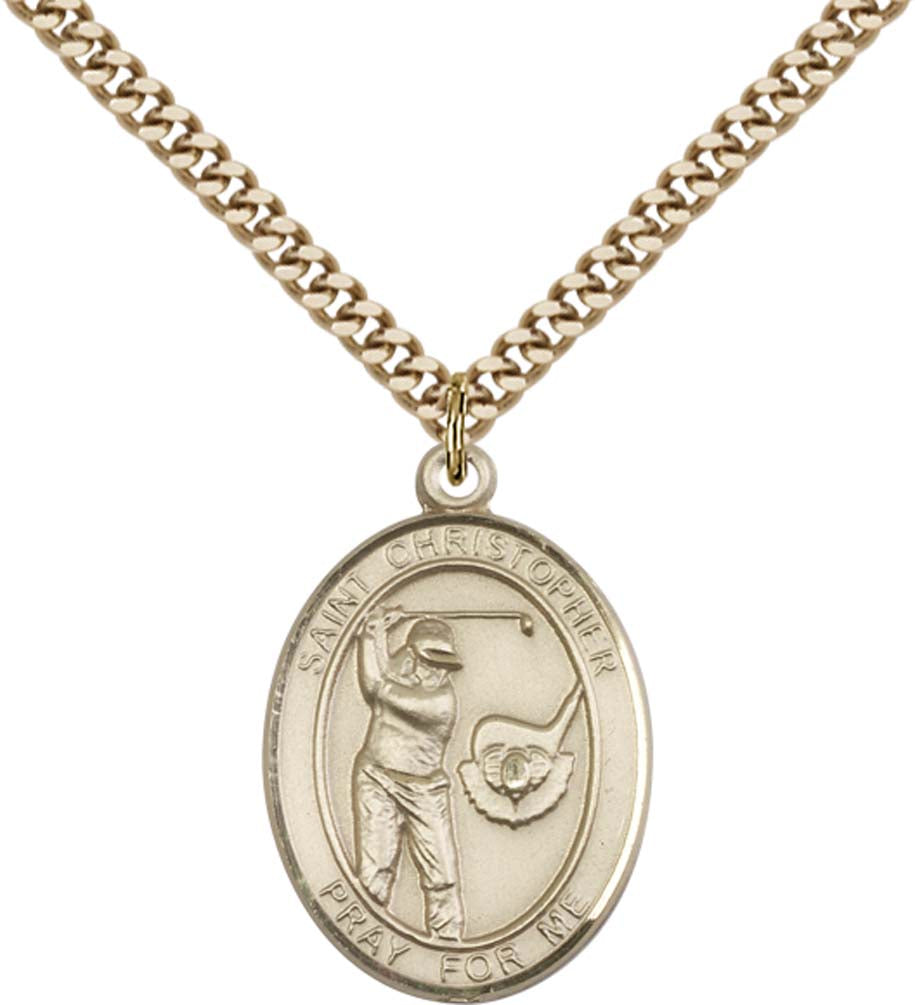 14kt Gold Filled St. Christopher/Golf Pendant with 24 inch Gold Plate Heavy Curb Chain