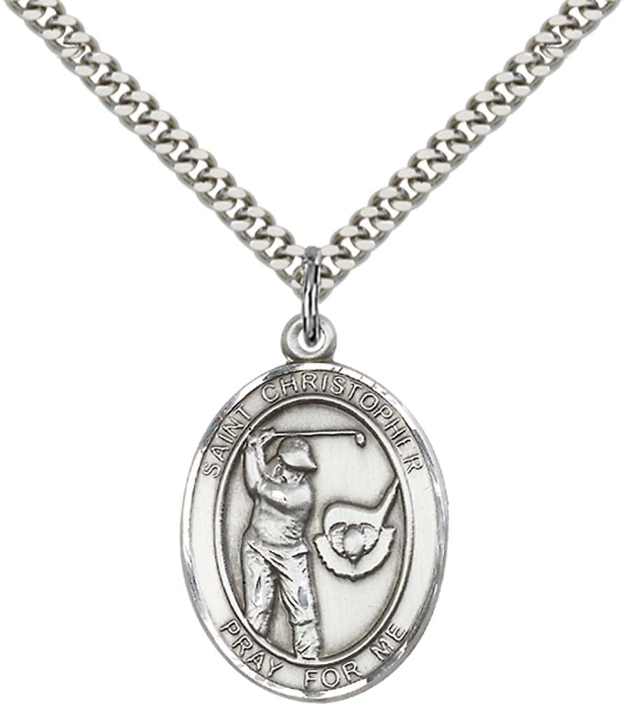 Sterling Silver St. Christopher / Golf Pendant with 24 Inch Light Rhodium Heavy Curb Chain
