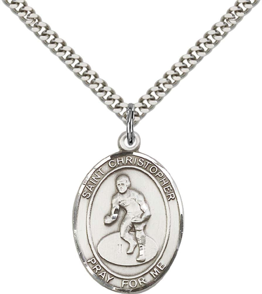 Sterling Silver St. Christopher/Wrestling Pendant with 24 Inch Light Rhodium Heavy Curb Chain