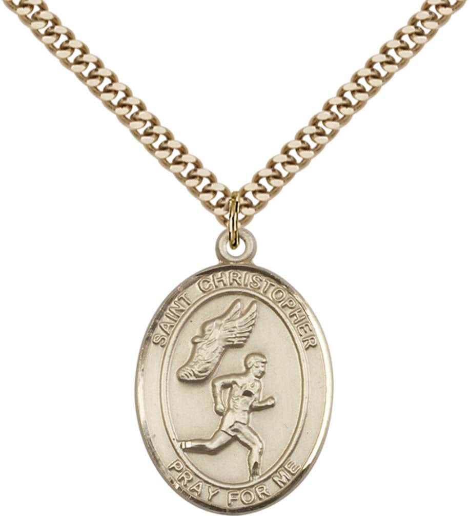 14kt Gold Filled St. Christopher/Track&Field Pendant with 24 inch Gold Plate Heavy Curb Chain - Large
