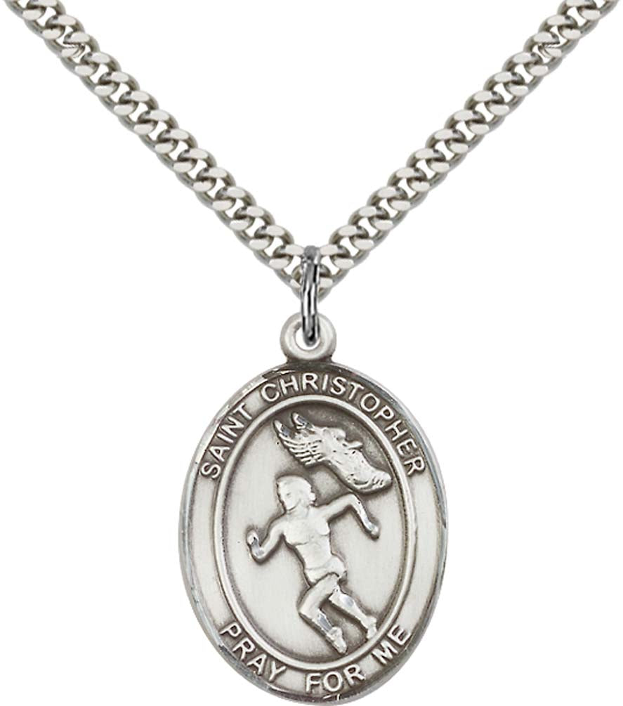 Sterling Silver St. Christopher/Track&Field Women with 24 Inch Light Rhodium Heavy Curb Chain