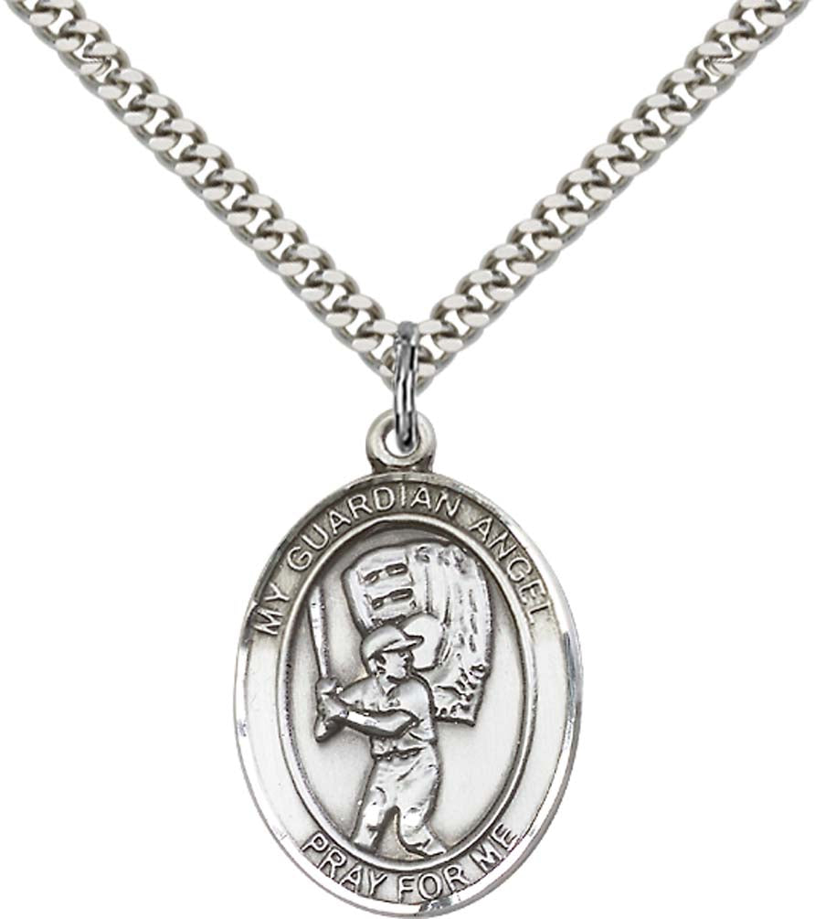 Sterling Silver Guardian Angel/Baseball Pendant with 24 Inch Light Rhodium Heavy Curb Chain