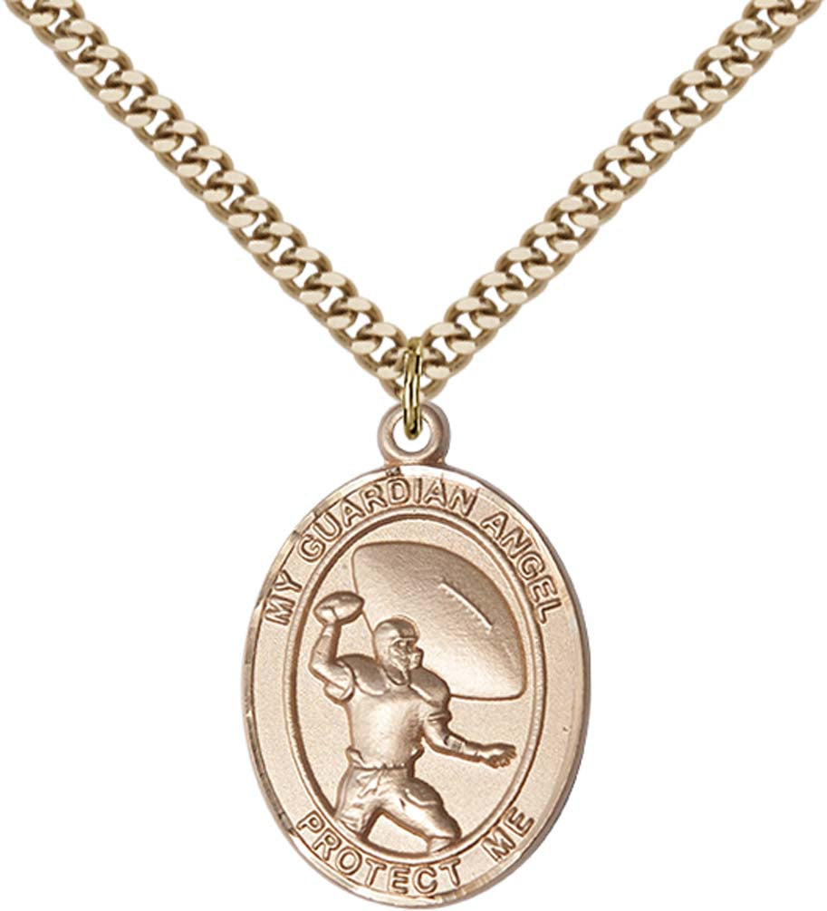 14kt Gold Filled Guardian Angel/Football Pendant with 24 inch Gold Plate Heavy Curb Chain