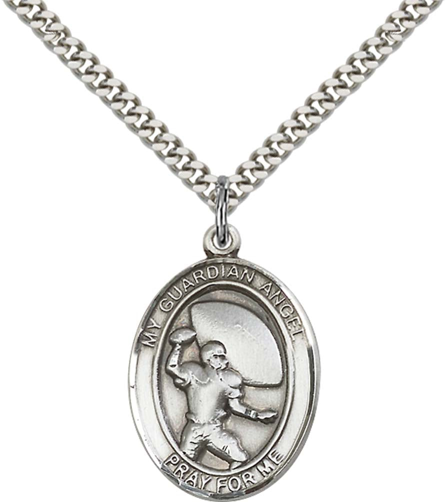 Sterling Silver Guardian Angel/Football Pendant with 24 Inch Light Rhodium Heavy Curb Chain