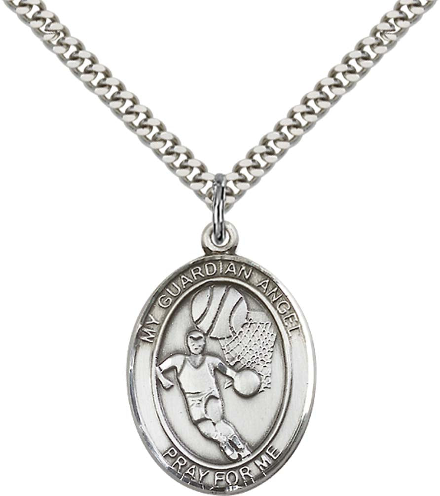 Sterling Silver Guardian Angel/Basketball Pendant with 24 Inch Light Rhodium Heavy Curb Chain