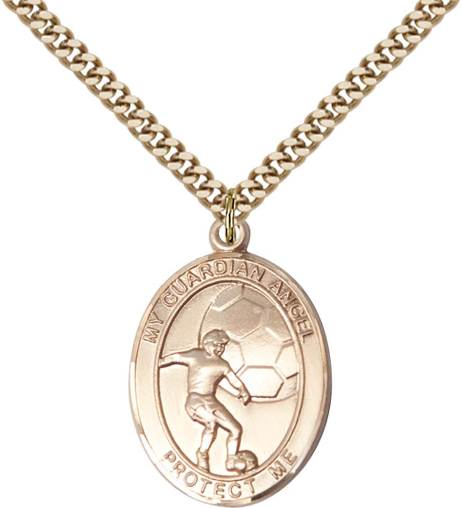 14kt Gold Filled Guardian Angel/Soccer Pendant with 24 inch Gold Plate Heavy Curb Chain