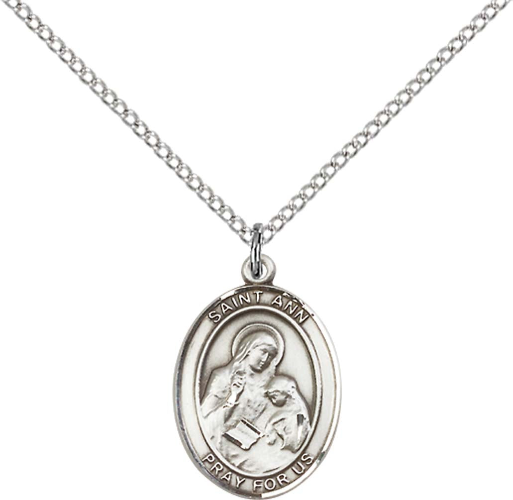 Sterling Silver St. Ann Pendant with 18 inch Sterling Silver Light Curb Chain - Medium
