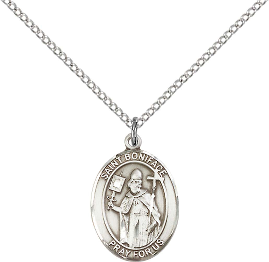 Sterling Silver St. Boniface Pendant with 18 inch Sterling Silver Light Curb Chain - Medium