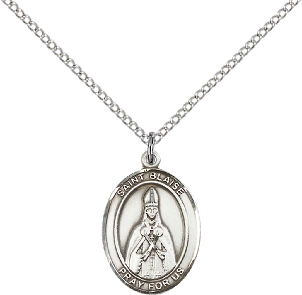 Sterling Silver St. Blaise Pendant with 18 inch Sterling Silver Light Curb Chain - Medium