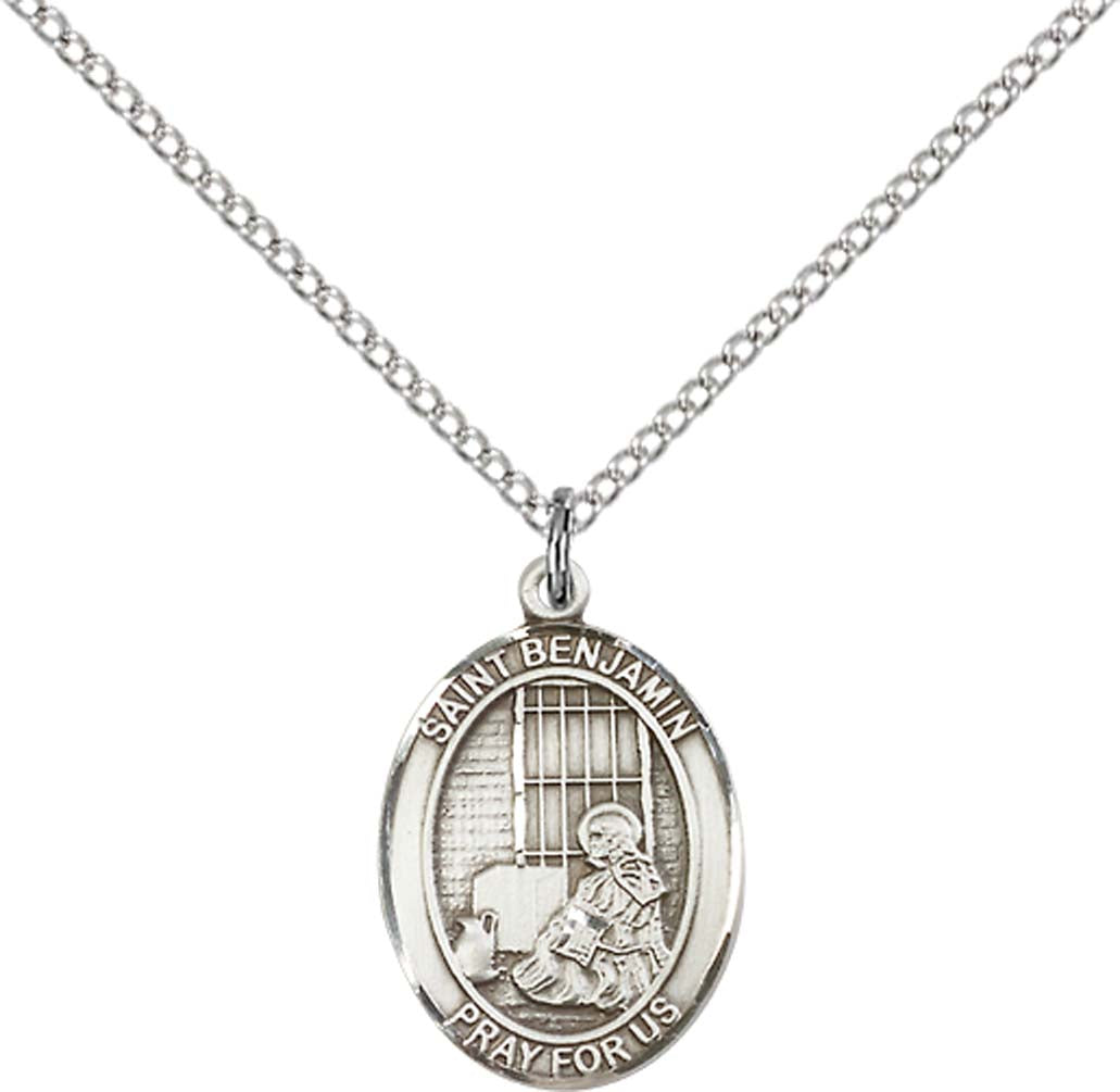Sterling Silver St. Benjamin Pendant with 18 inch Sterling Silver Light Curb Chain - Medium