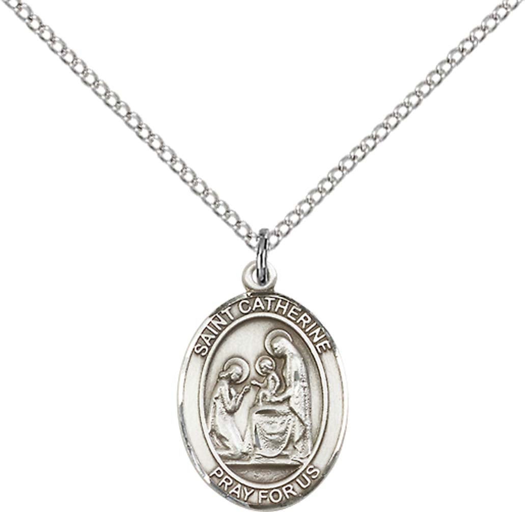 Sterling Silver St. Catherine of Siena Pendant with 18 inch Sterling Silver Light Curb Chain - Medium