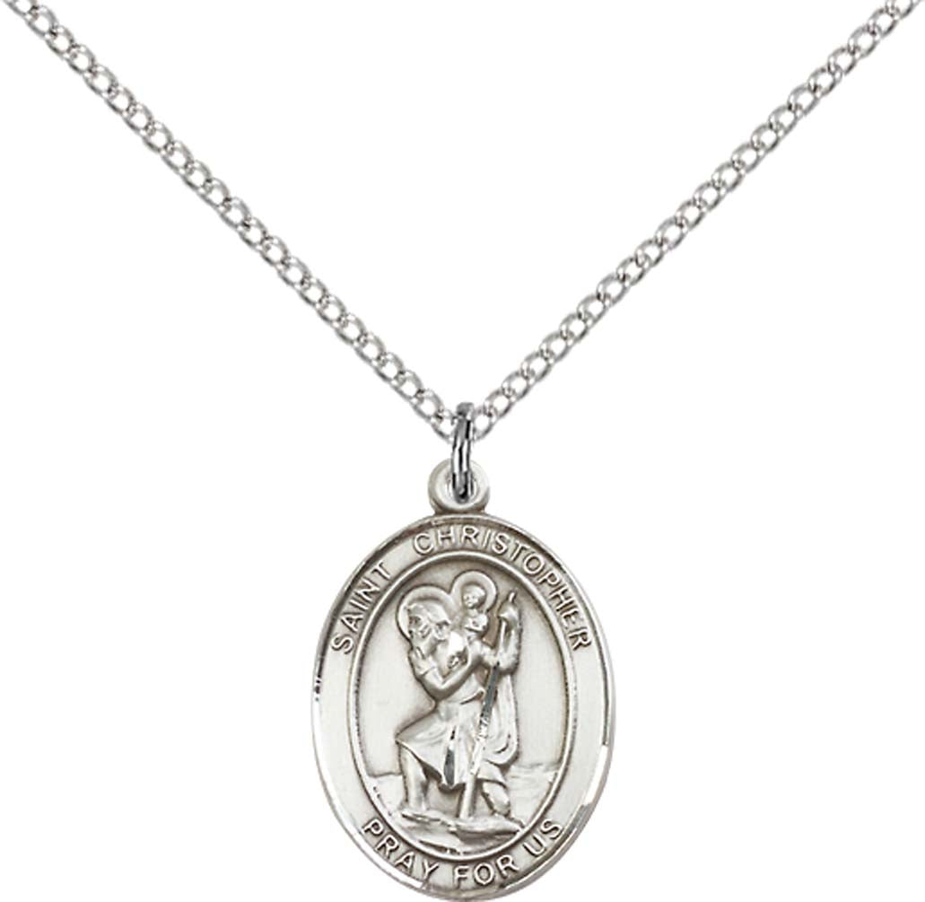 Sterling Silver St. Christopher Pendant with 18 inch Sterling Silver Light Curb Chain - Medium