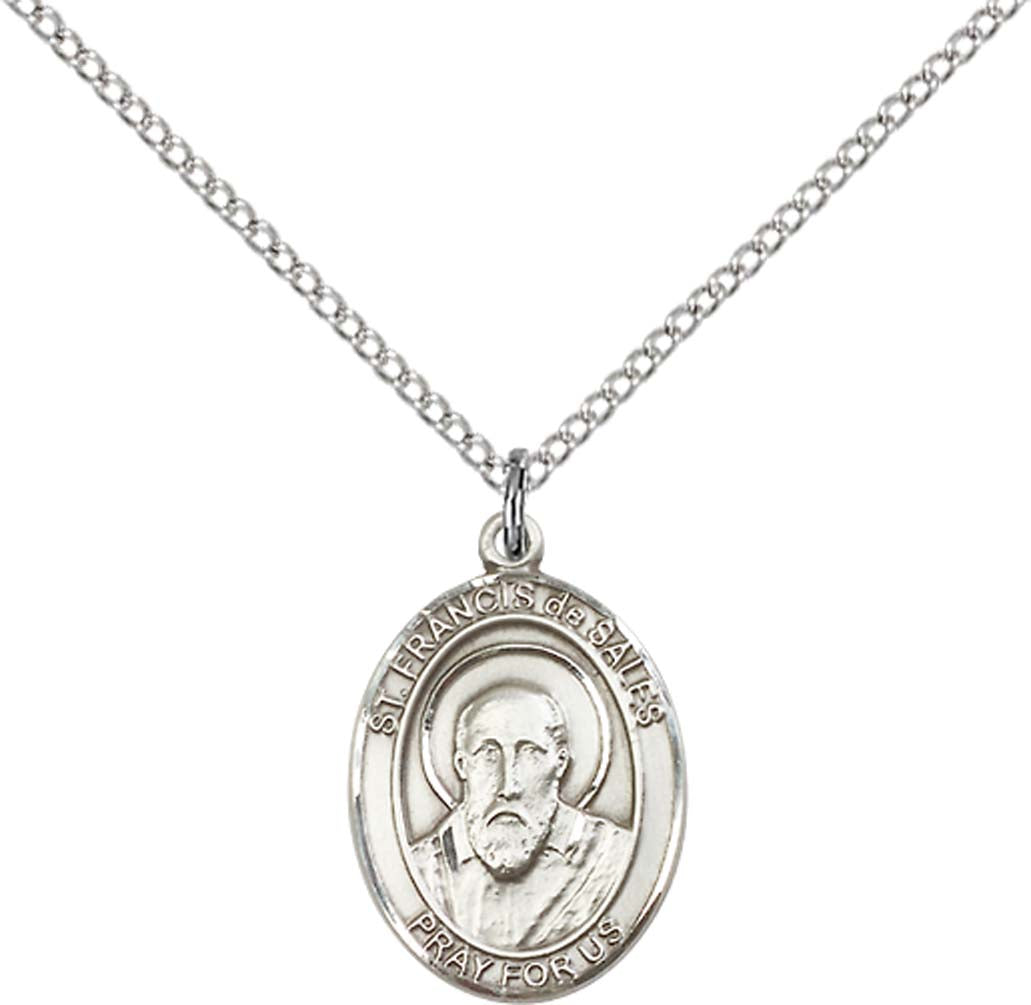 Sterling Silver St. Francis De Sales Pendant with 18 inch Sterling Silver Light Curb Chain - Medium