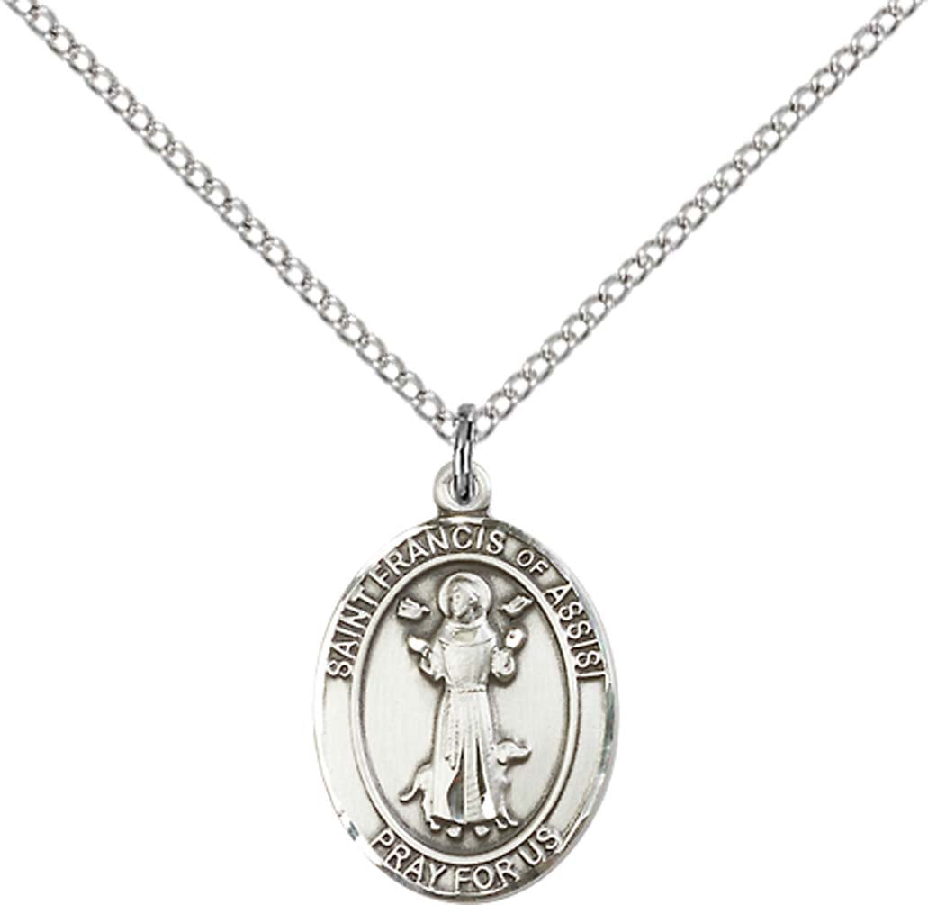 Sterling Silver St. Francis of Assisi Pendant with 18 inch Sterling Silver Light Curb Chain - Medium