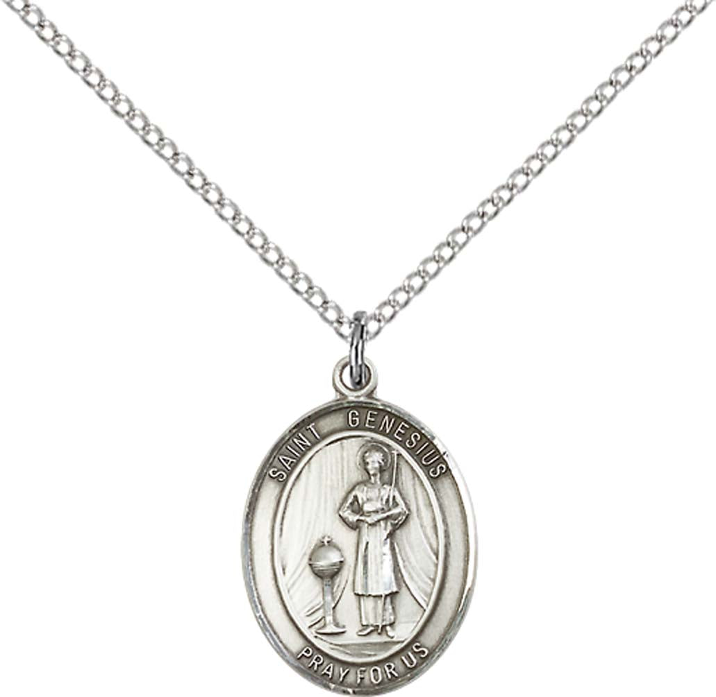 Sterling Silver St. Genesius of Rome Pendant with 18 inch Sterling Silver Light Curb Chain - Medium