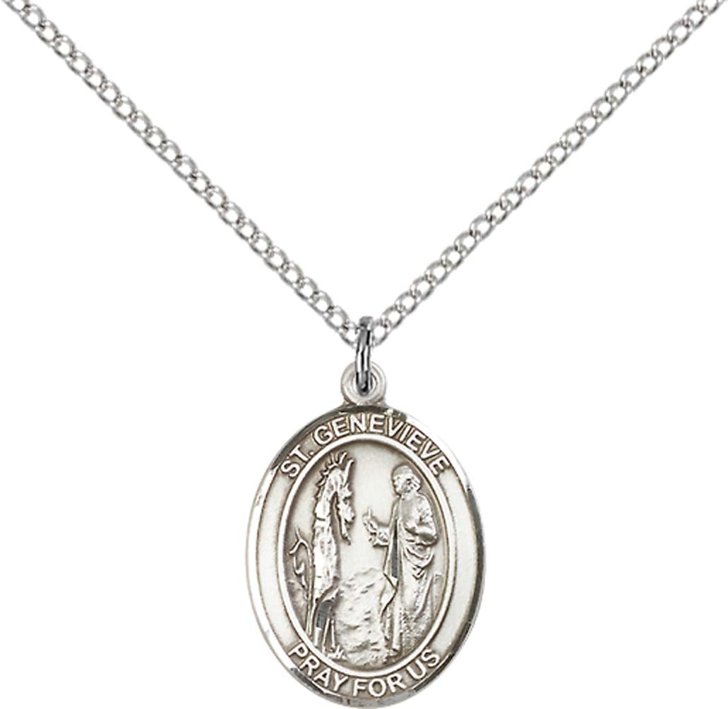 Sterling Silver St. Genevieve Pendant with 18 inch Sterling Silver Light Curb Chain - Medium