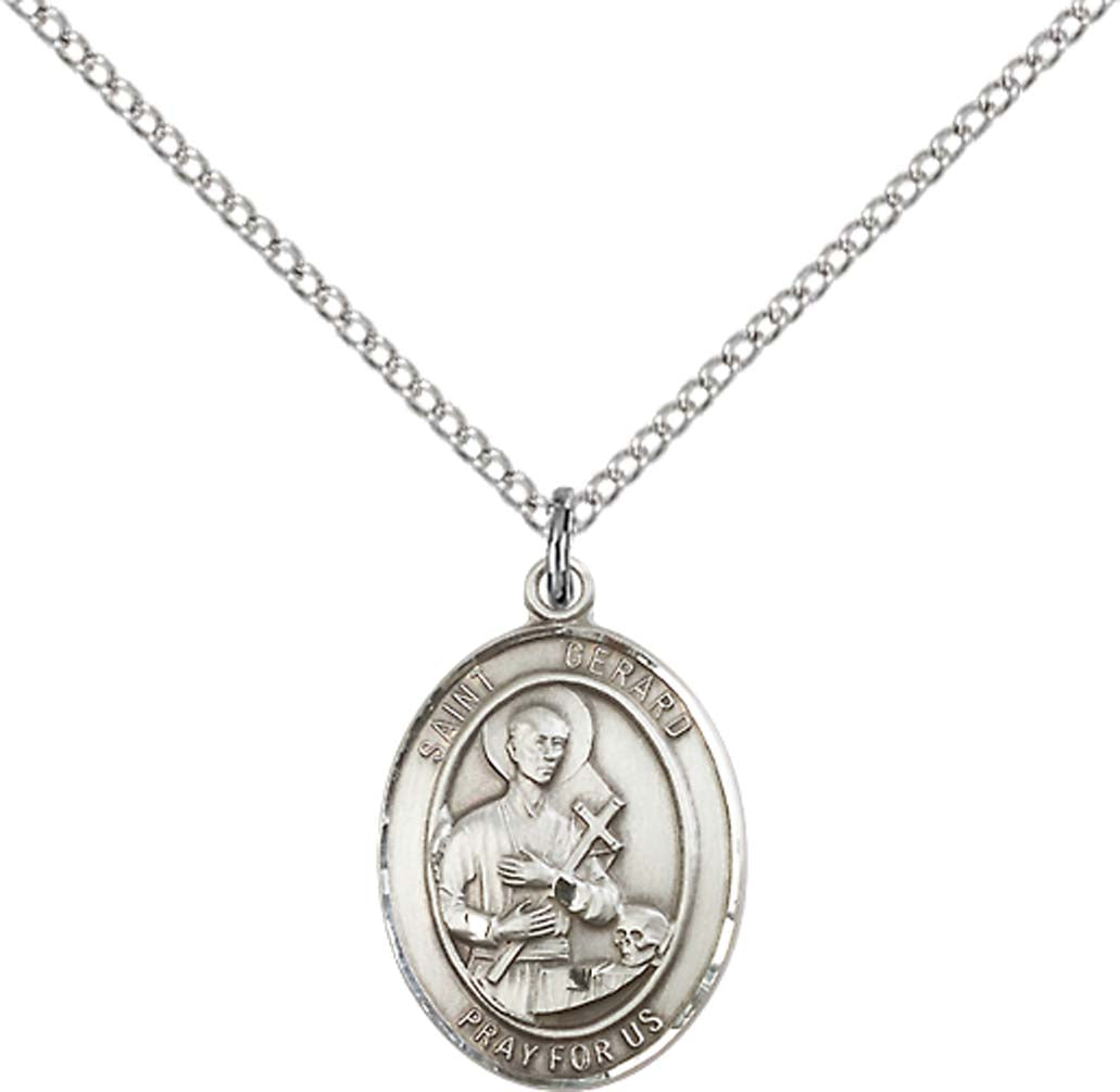 Sterling Silver St. Gerard Majella Pendant with 18 inch Sterling Silver Light Curb Chain - Medium