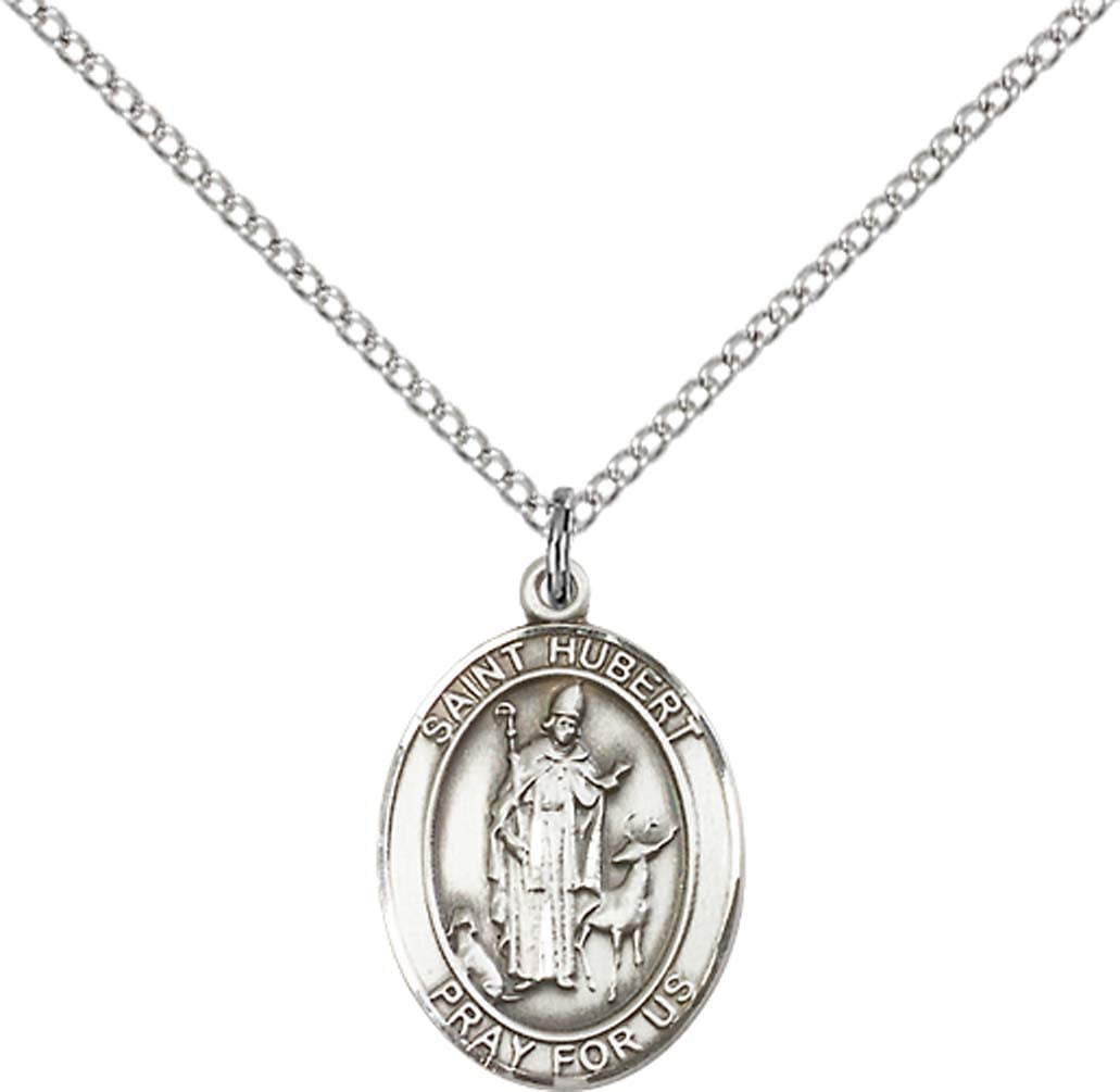 Sterling Silver St. Hubert of Liege Pendant with 18 inch Sterling Silver Light Curb Chain - Medium