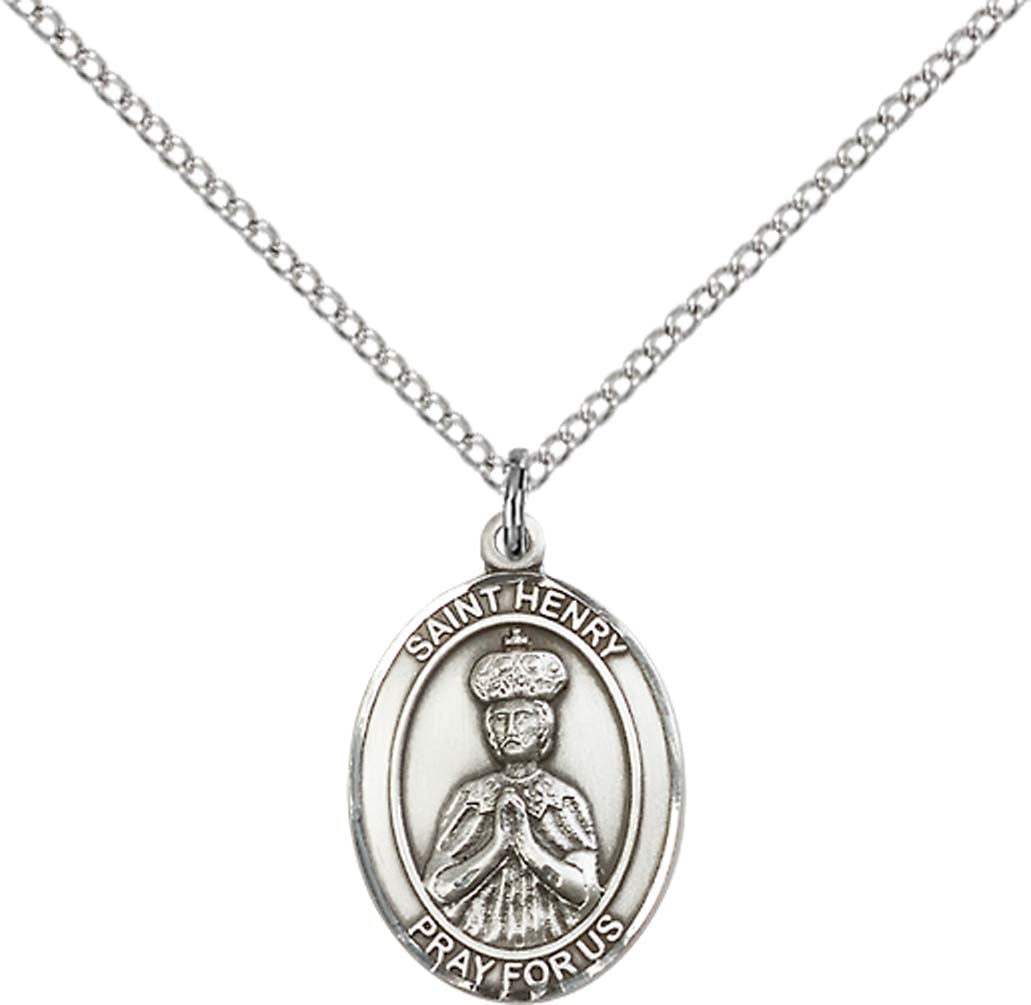 Sterling Silver St. Henry II Pendant with 18 inch Sterling Silver Light Curb Chain - Medium