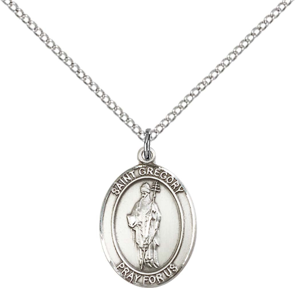Sterling Silver St. Gregory the Great Pendant with 18 inch Sterling Silver Light Curb Chain - Medium