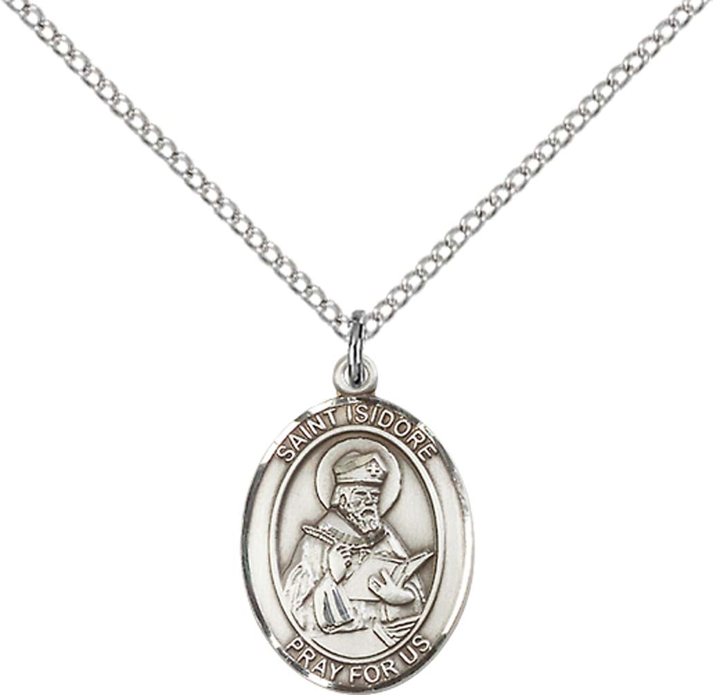 Sterling Silver St. Isidore of Seville Pendant with 18 inch Sterling Silver Light Curb Chain - Medium