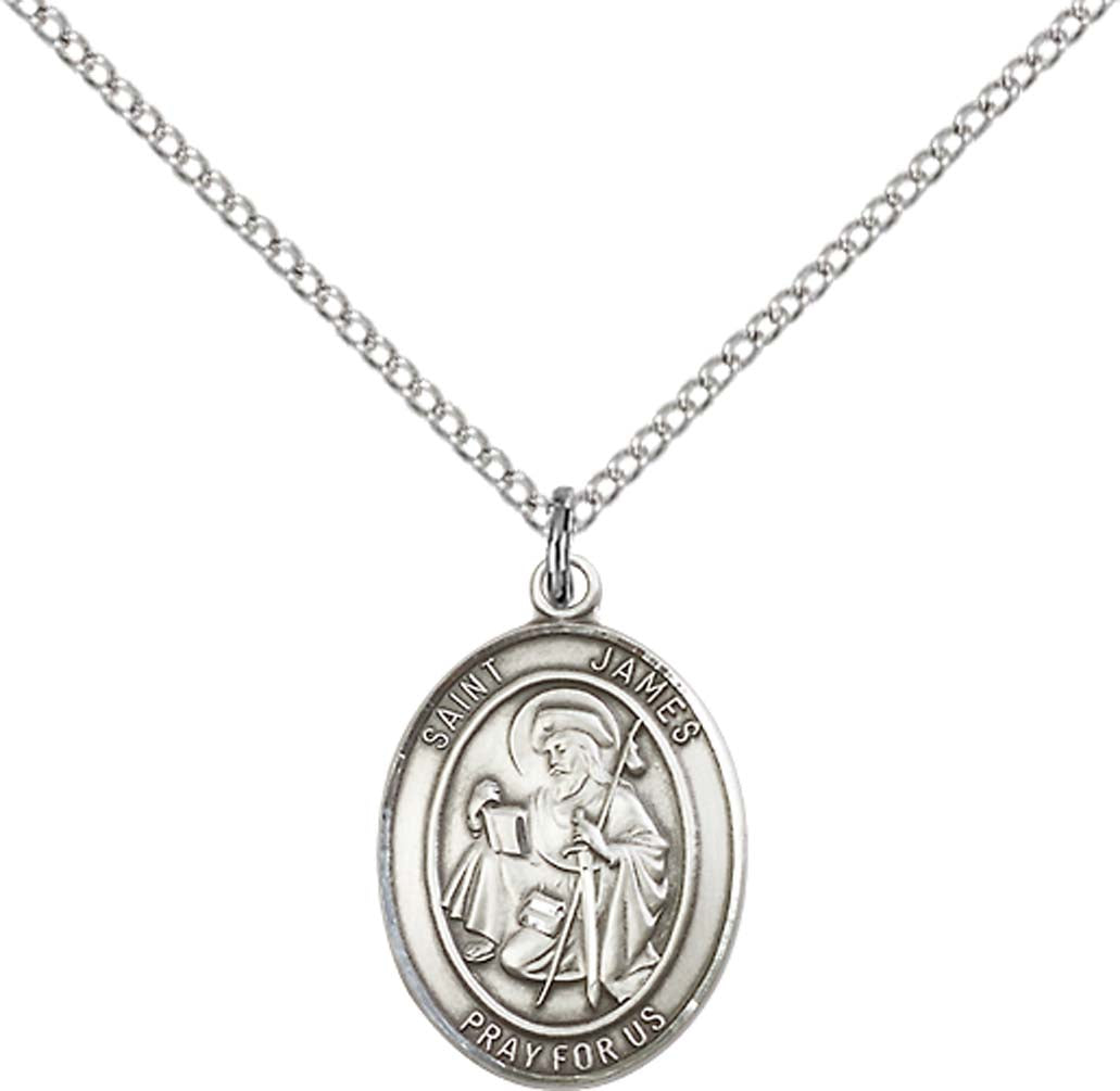 Sterling Silver St. James the Greater Pendant with 18 inch Sterling Silver Light Curb Chain - Medium