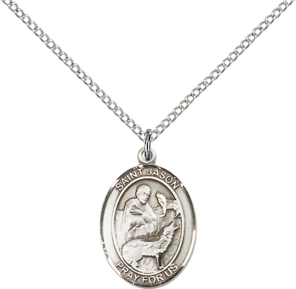 Sterling Silver St. Jason Pendant with 18 inch Sterling Silver Light Curb Chain - Medium