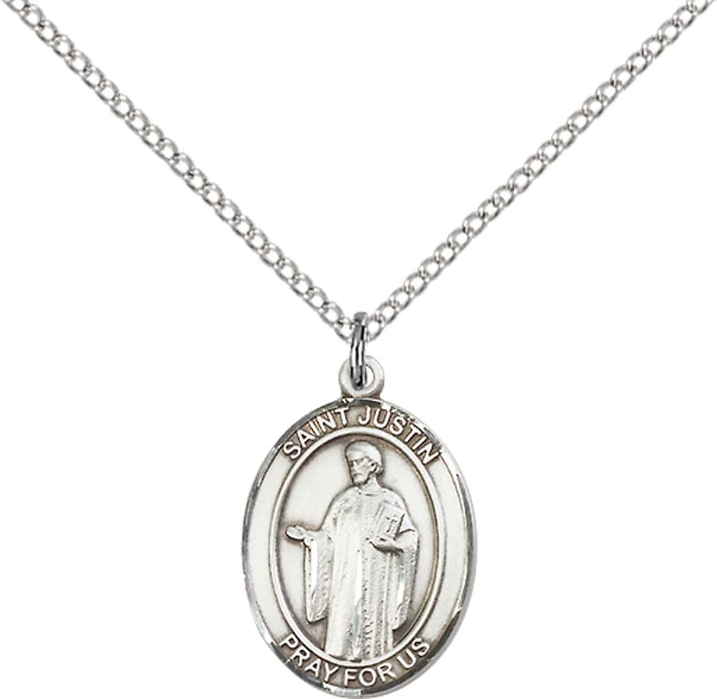 Sterling Silver St. Justin Pendant with 18 inch Sterling Silver Light Curb Chain - Medium