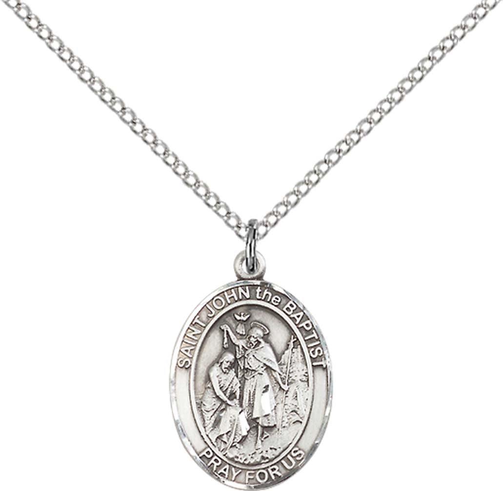 Sterling Silver St. John the Baptist Pendant with 18 inch Sterling Silver Light Curb Chain - Medium