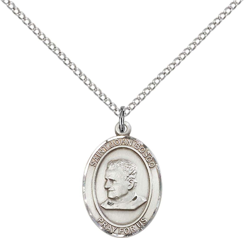 Sterling Silver St. John Bosco Pendant with 18 inch Sterling Silver Light Curb Chain - Medium