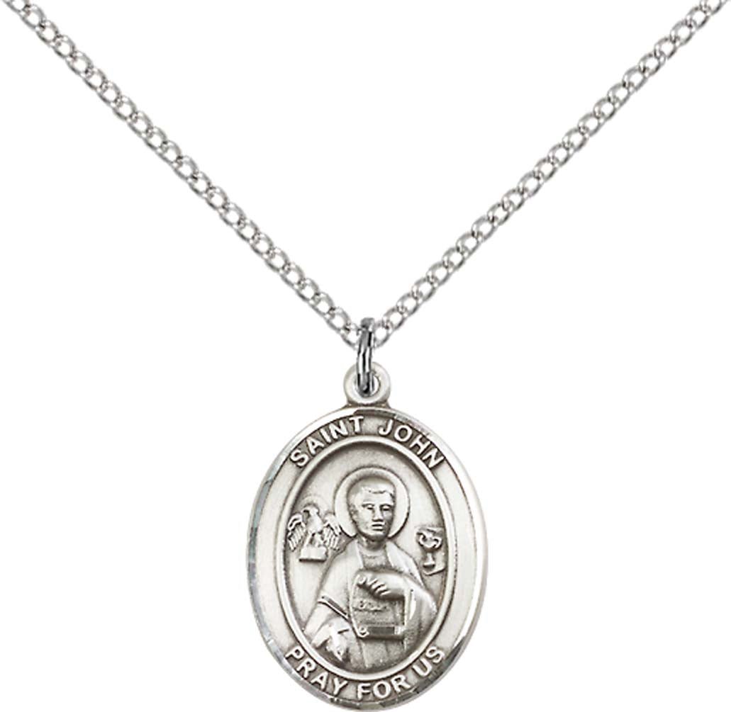 Sterling Silver St. John the Apostle Pendant with 18 inch Sterling Silver Light Curb Chain - Medium