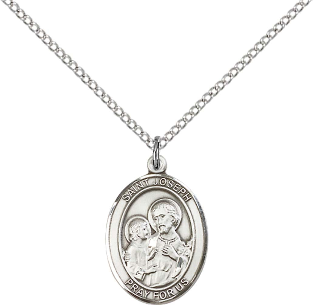 Sterling Silver St. Joseph Pendant with 18 inch Sterling Silver Light Curb Chain - Medium
