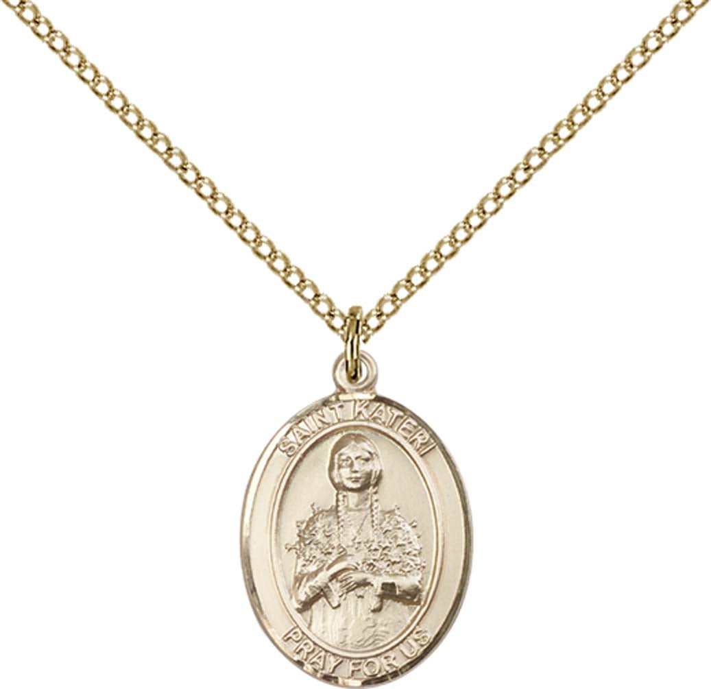 14kt Gold Filled St. Kateri Pendant with 18 inch Gold Filled Light Curb Chain - Medium