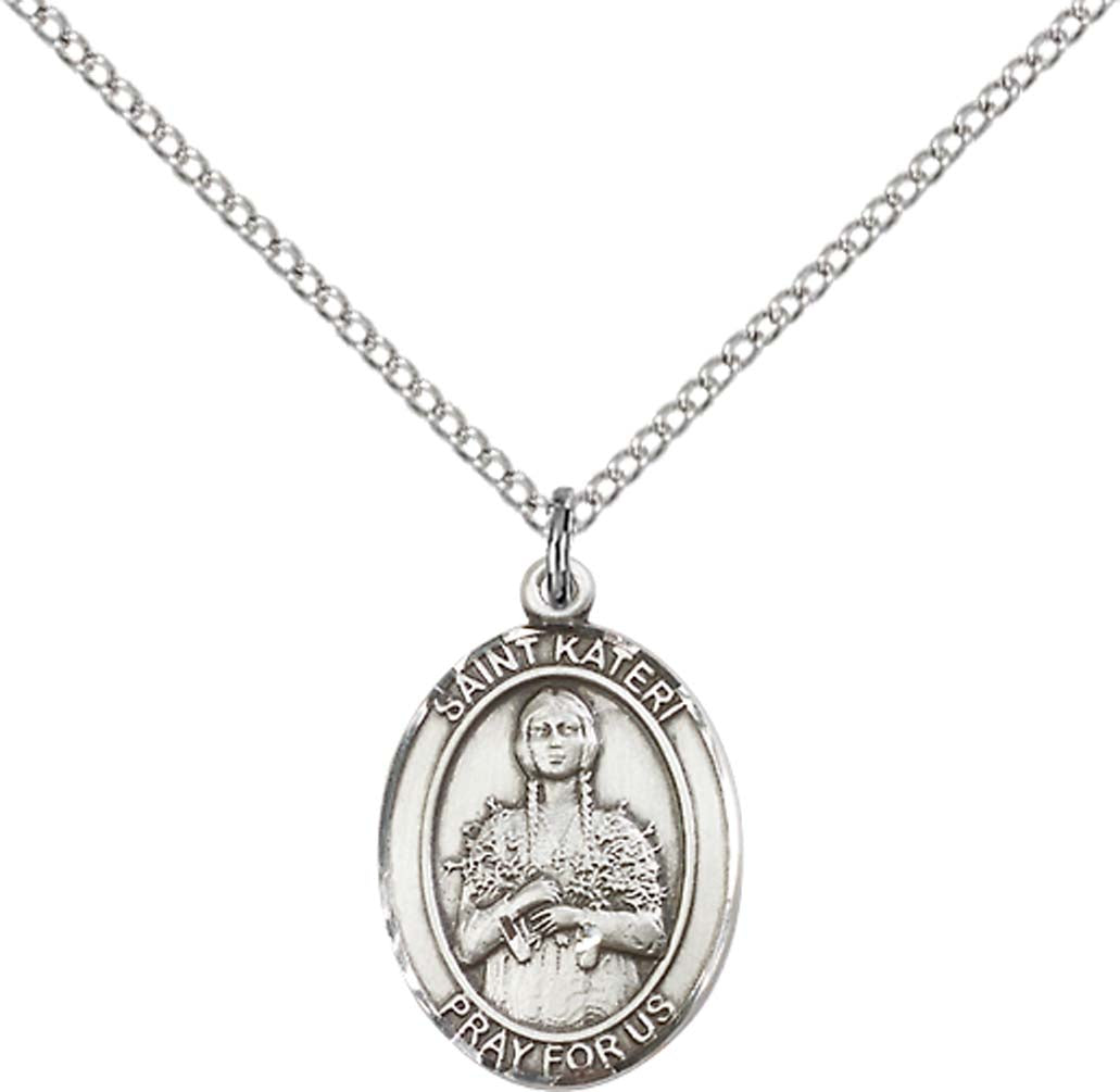 Sterling Silver St. Kateri Pendant with 18 inch Sterling Silver Light Curb Chain - Medium