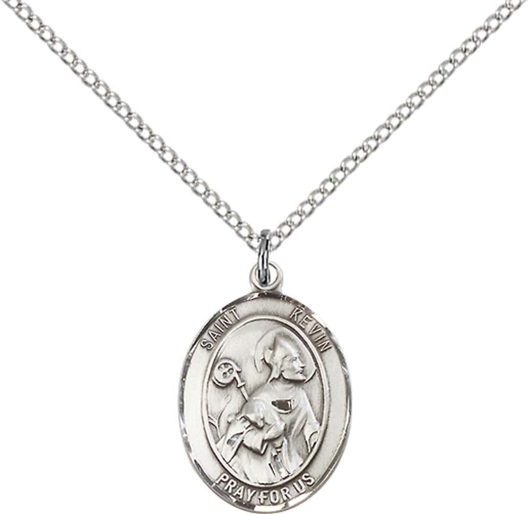 Sterling Silver St. Kevin Pendant with 18 inch Sterling Silver Light Curb Chain - Medium